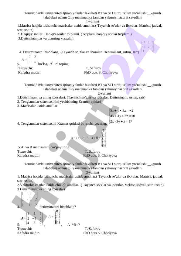Oliy matematika fanidan yakuniy nazorat savollari