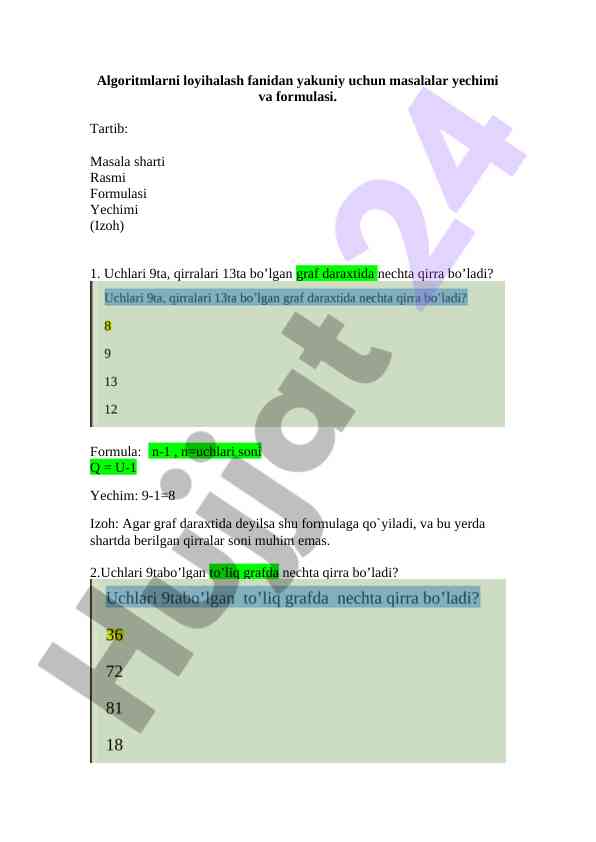 Algoritmlarni loyihalash fanidan yakuniy masalalar