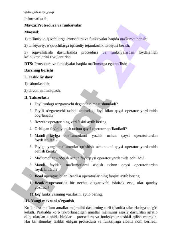Protsedura va funksiyalar dars ishlanmasi