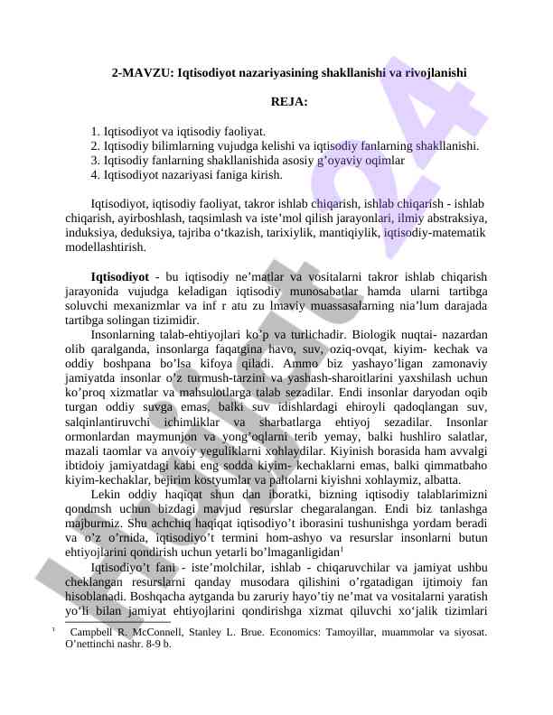 Iqtisodiyot nazariyasining shakllanishi va rivojlanishi