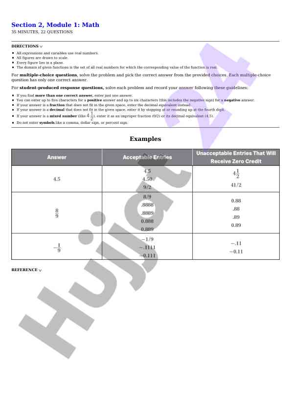 Math test directions for answer submission