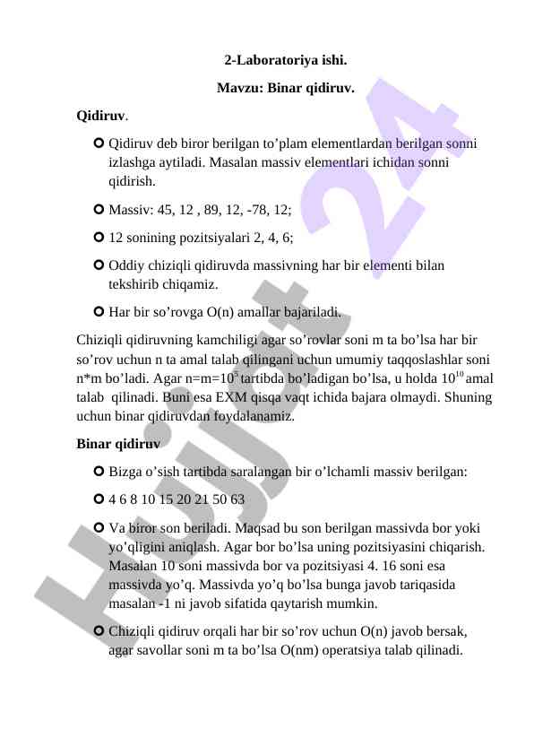 Binar qidiruv mavzusi bo'yicha laboratoriya ish