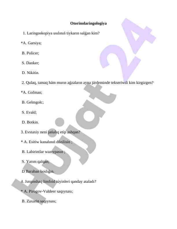 Otorinolaringologiya Test Savollari