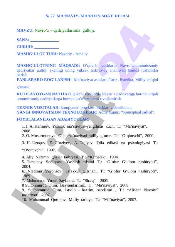 Navro‘z – qadriyatlarimiz gultoji dars rejasi