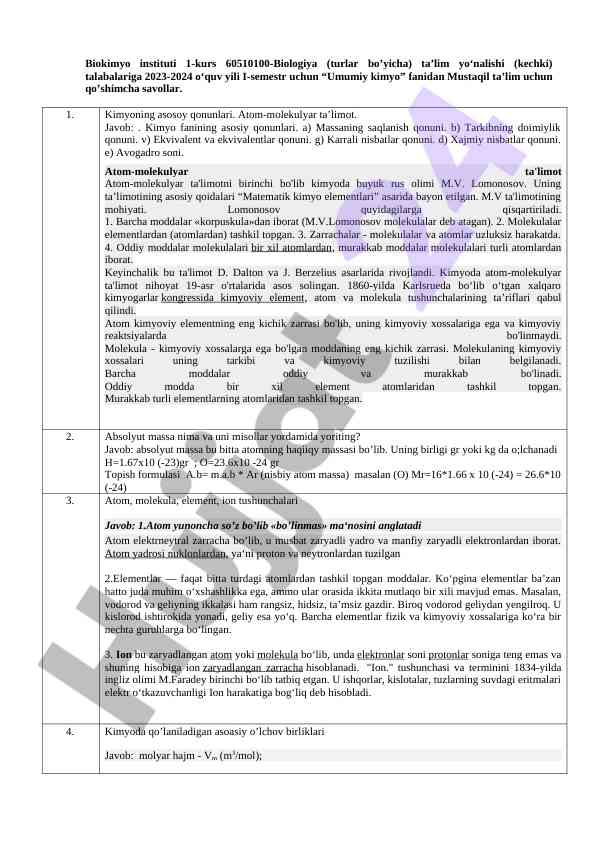 Umumiy kimyo fanidan mustaqil savollar