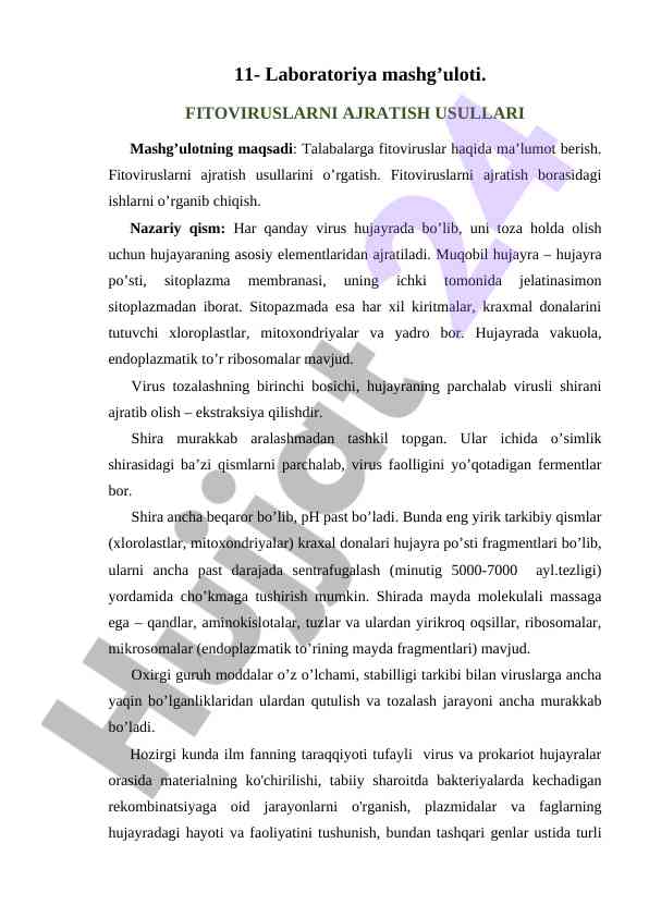 Fitoviruslarni ajratish usullari laboratoriya mashg’uloti