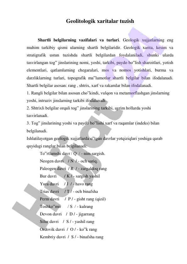 Geologik xaritalar tuzish va shartli belgilar turlari