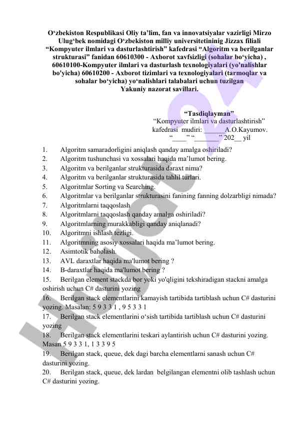 Algoritm va berilganlar strukturasi nazorat savollari