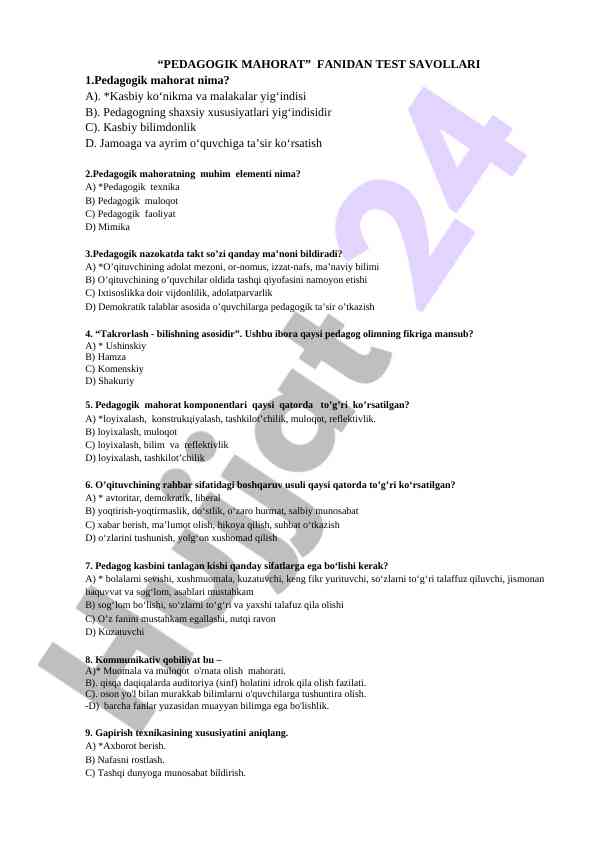 Pedagogik mahorat fanidan test savollari