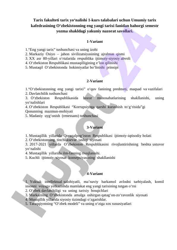 O‘zbekiston tarixi fanidan yakuniy nazorat savollari