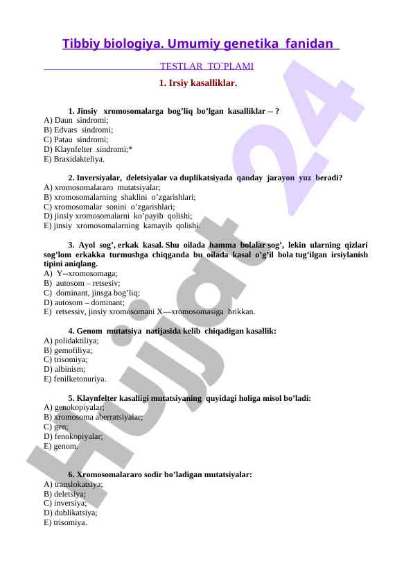 Tibbiy biologiya umumiy genetika testlar to'plami
