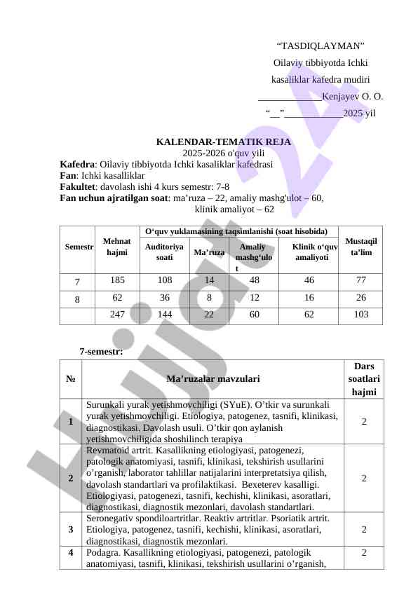 Ichki kasalliklar fanida kalendar-tematik reja