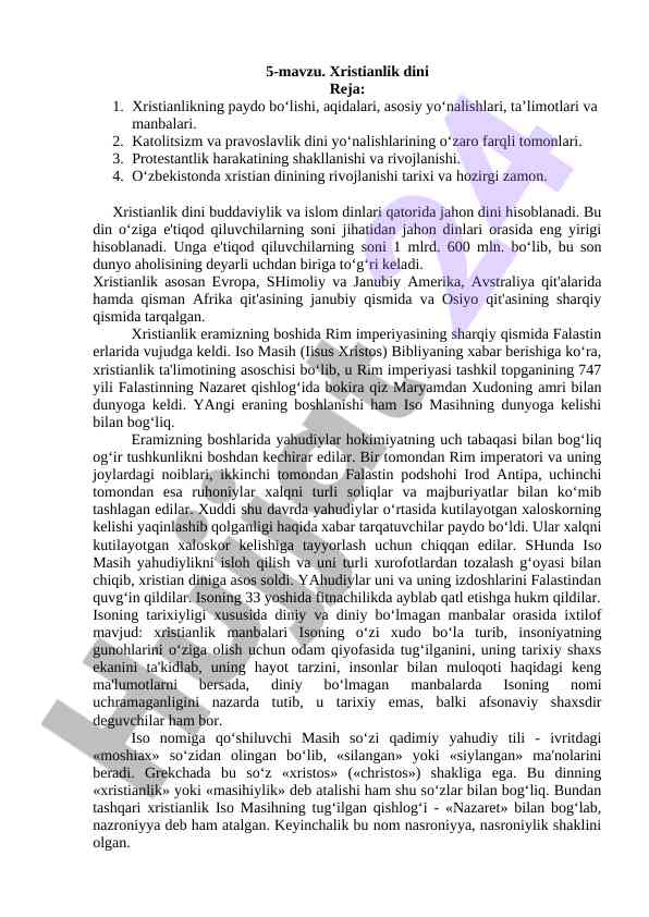 Xristianlik dini va uning jahondagi rivojlanishi