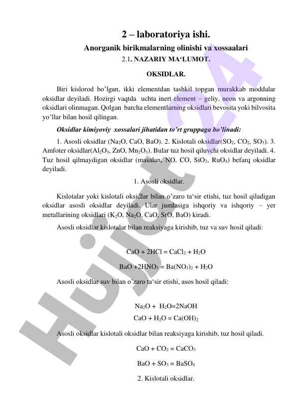 Anorganik birikmalar olinishi va xossalari