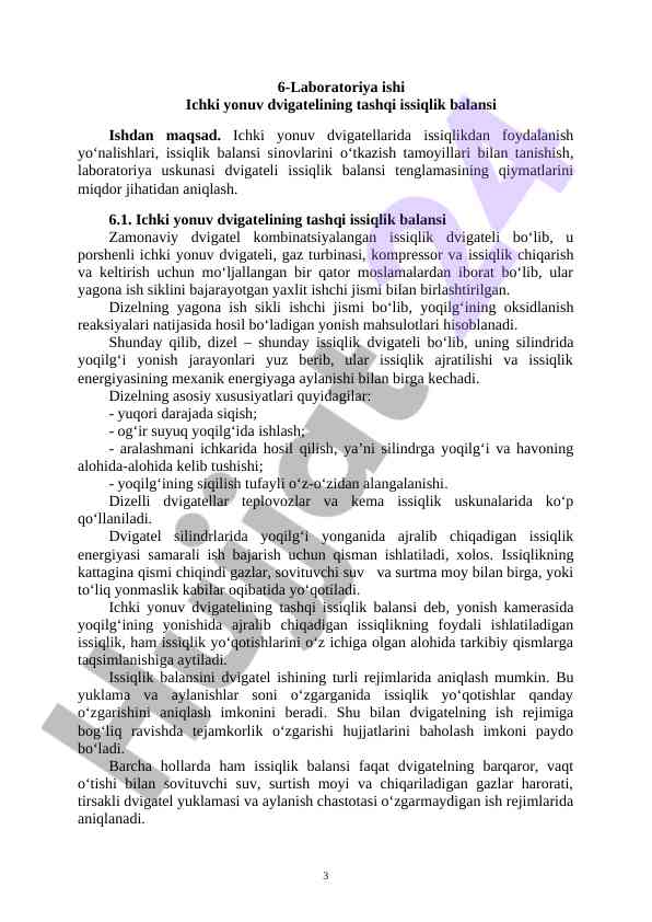 Ichki yonuv dvigatelining tashqi issiqlik balansi