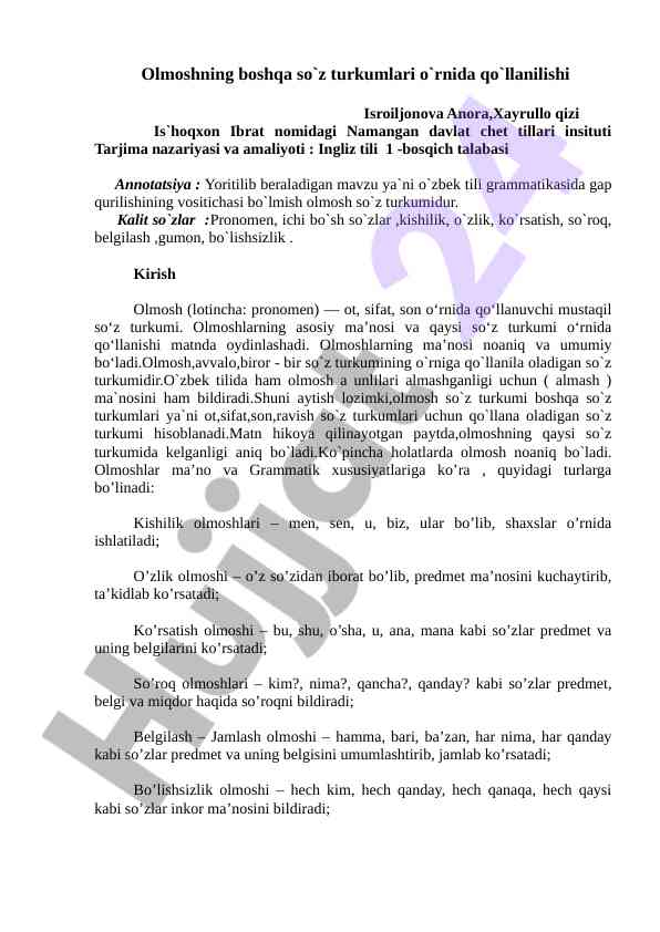 Olmosh so'z turkumlari o'rnida qo'llanilishi