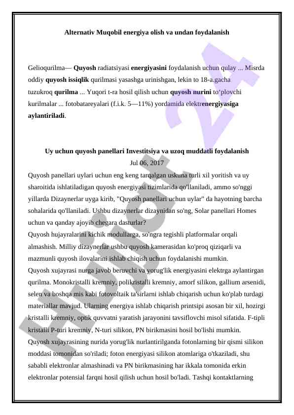 Quyosh energiya tizimlari va ularning foydalanishi