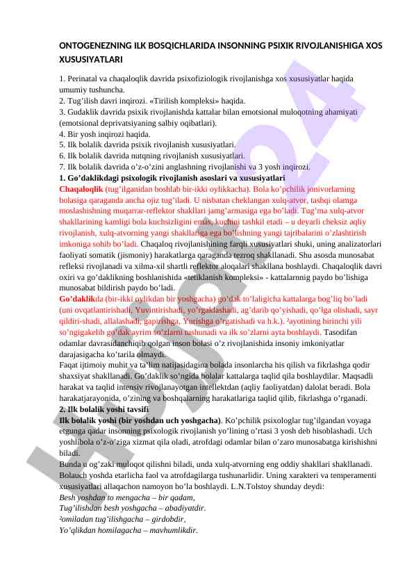 Psixik rivojlanishning ilk bosqichlari haqida