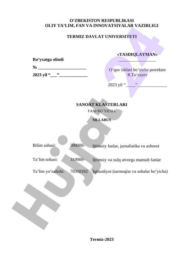 Sanoat klasterlari fani bo‘yicha syllabus 2023