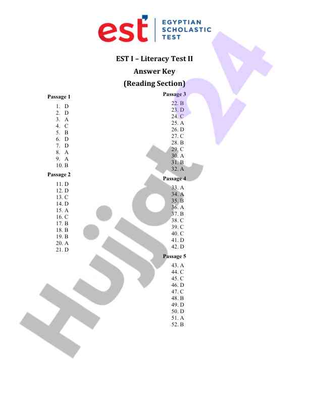Est i literacy test ii answer key reading section