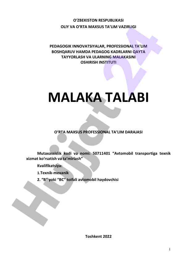 Malaka talabi o‘rta maxsus ta'lim dasturi 2022