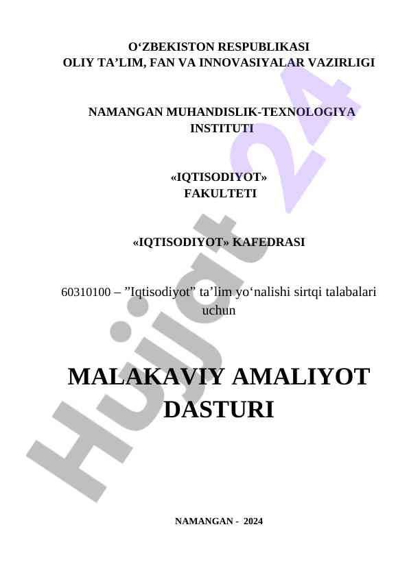 Malakaviy amaliyot dasturi iqtisodiyot talabalari uchun