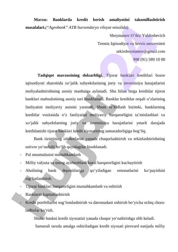 Banklarda kredit berish amaliyotini takomillashtirish