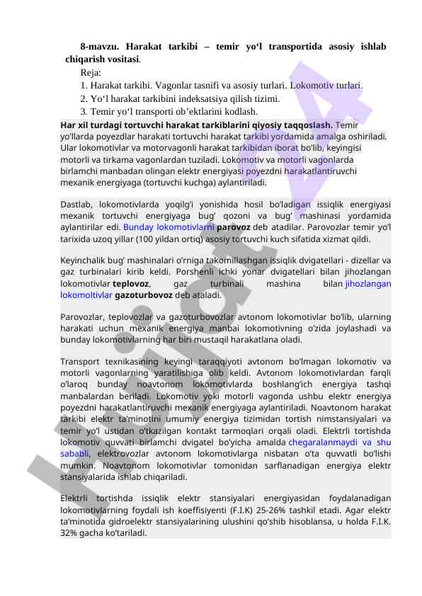 Temir yo‘l transportida harakat tarkibi