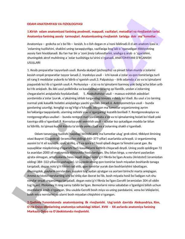 Odam anatomiyasi va fiziologiyasi o‘rganish usullari