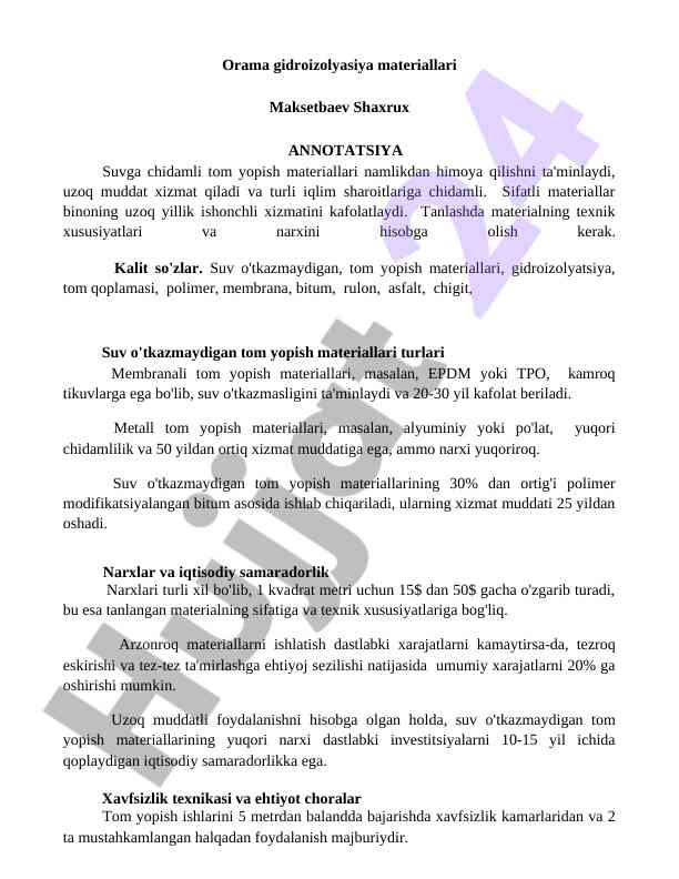 Hidroizolyatsiya materiallari tahlili va o'ziga xosliklari