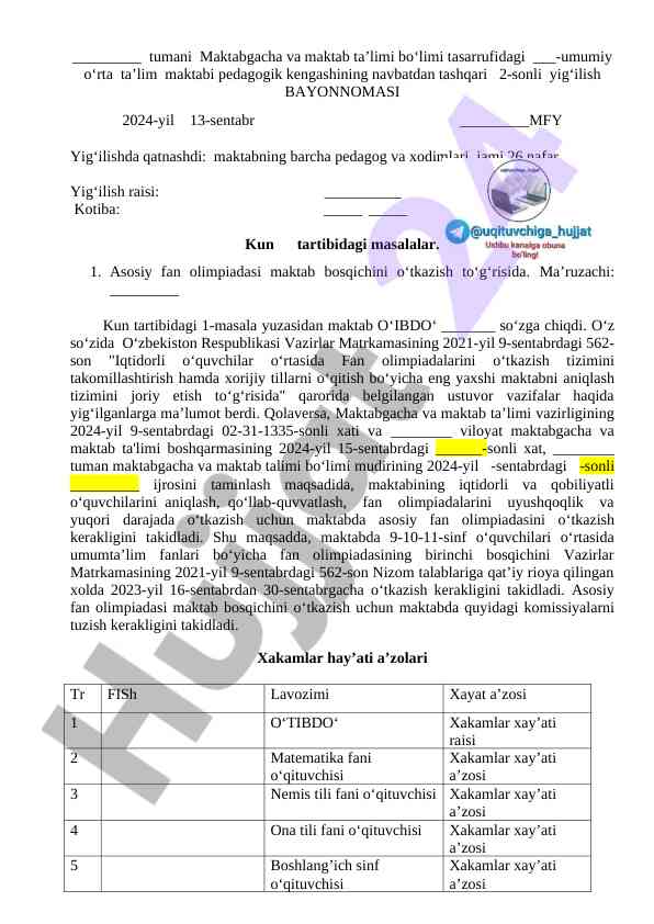 Maktab pedagogik kengashi yig'ilishi bayonnomasi 2024