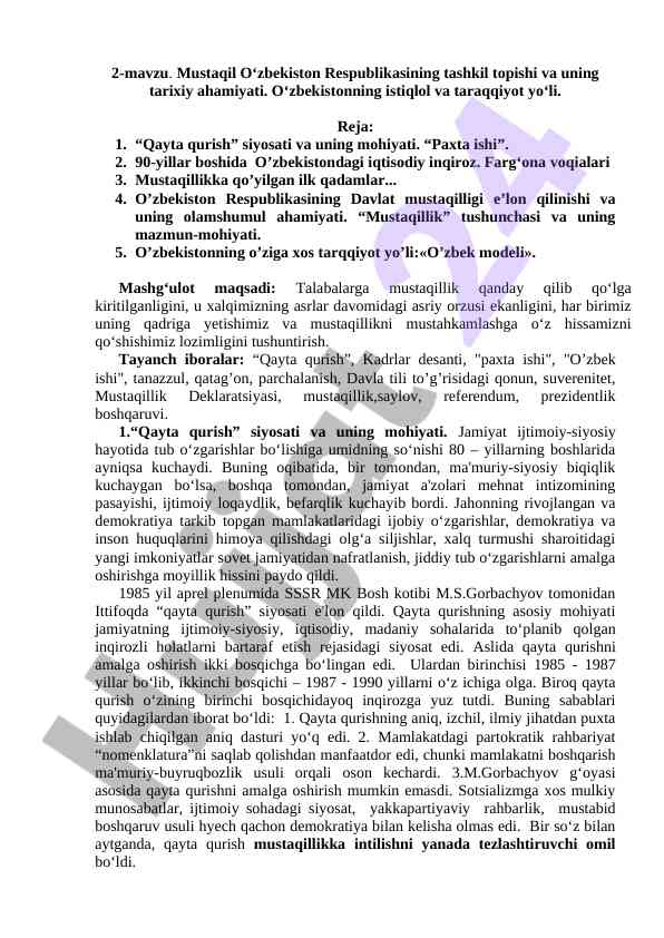 Mustaqil o‘zbekiston respublikasining tashkil topishi