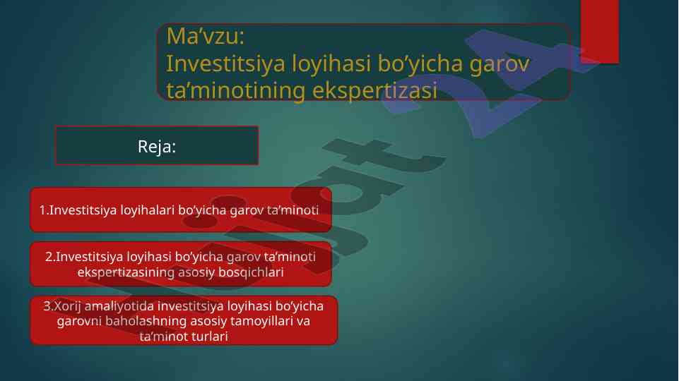 Garov ta’minoti ekspertizasi bo’yicha investitsiya loyihasi