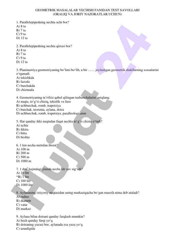 Geometrik masalalar yechish fanidan test savollari