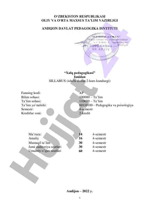 Xalq pedagogikasi fanidan ishchi dastur