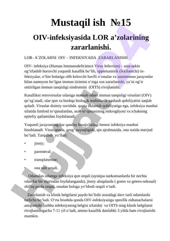 Oiv-infeksiyasida lor a’zolarining zararlanishi