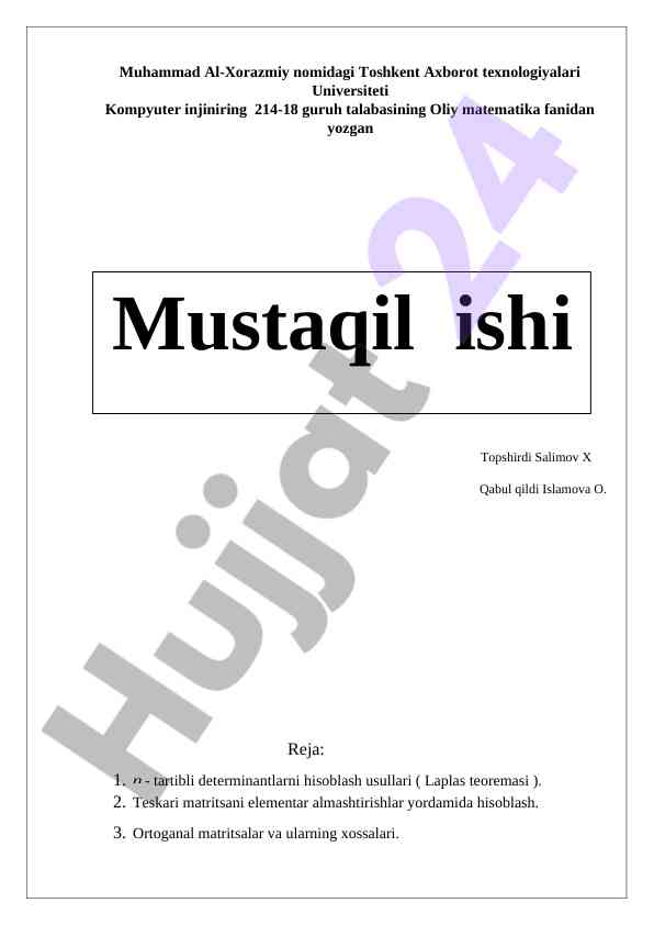 Oliy matematika fanidan topshiriq