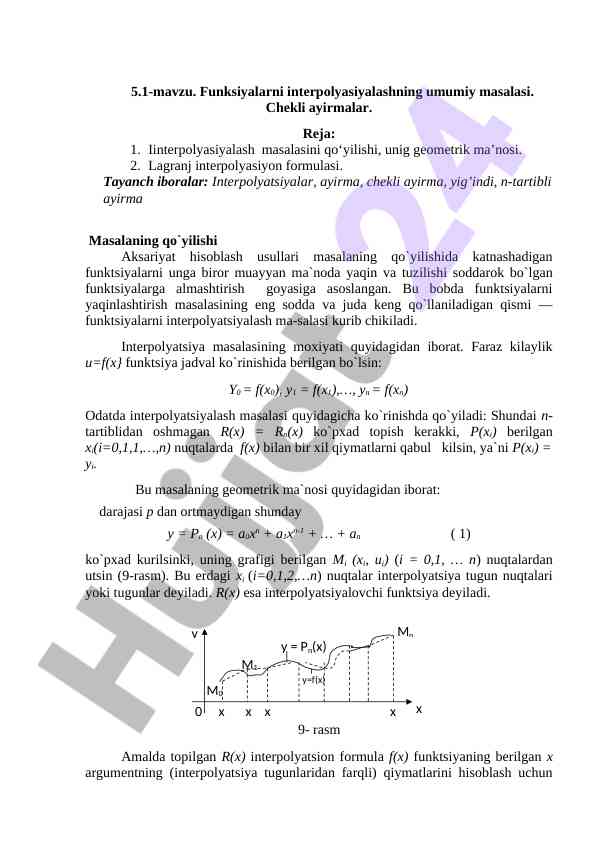 Funksiyalarni interpolyasiyalash masalalari