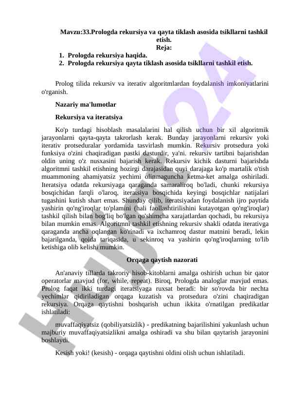 Prologda rekursiya va qayta tiklash asosida tsikllar