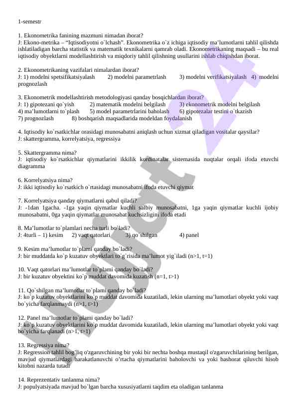 Ekonometrika fanining asosiy tamoyillari