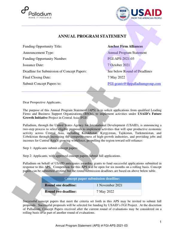 Annual program statement for economic growth initiatives