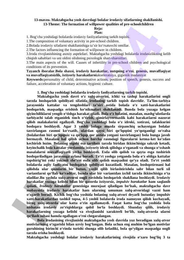 Maktabgacha yosh davrdagi bolalar irodaviy sifatlari