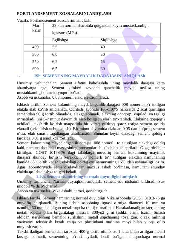 Portlandsement xossalarini aniqlash tajribalari