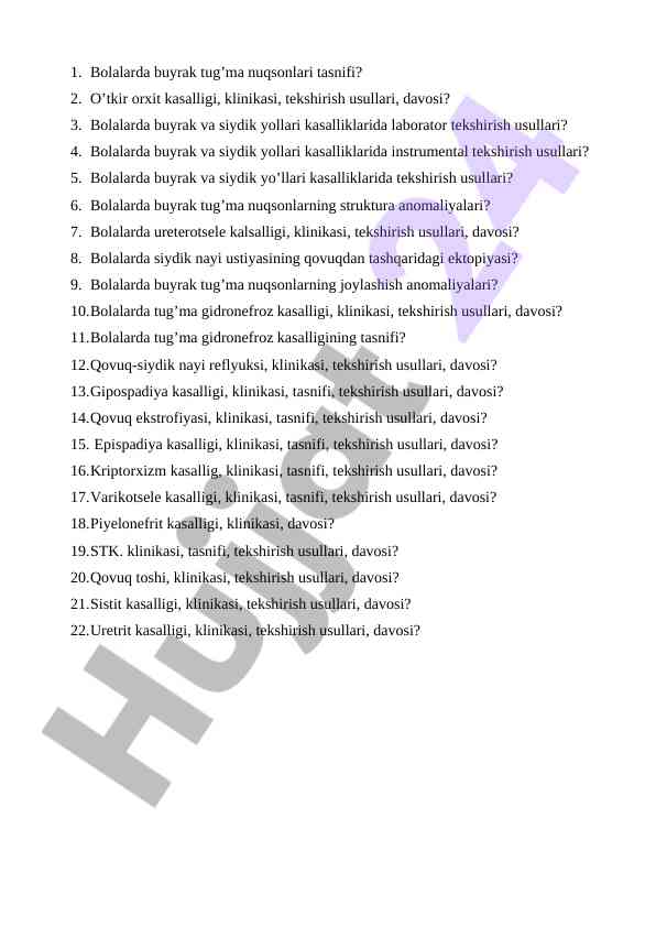Bolalarda buyrak kasalliklari tasnifi va tekshirish usullari