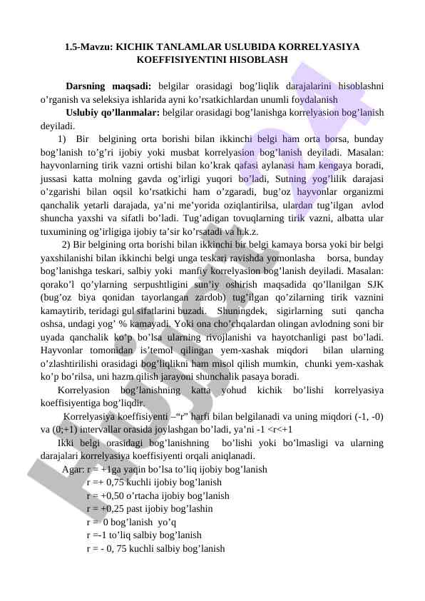 Kichik tanlamlar uslubida korrelyasiya koeffisiyentini hisoblash