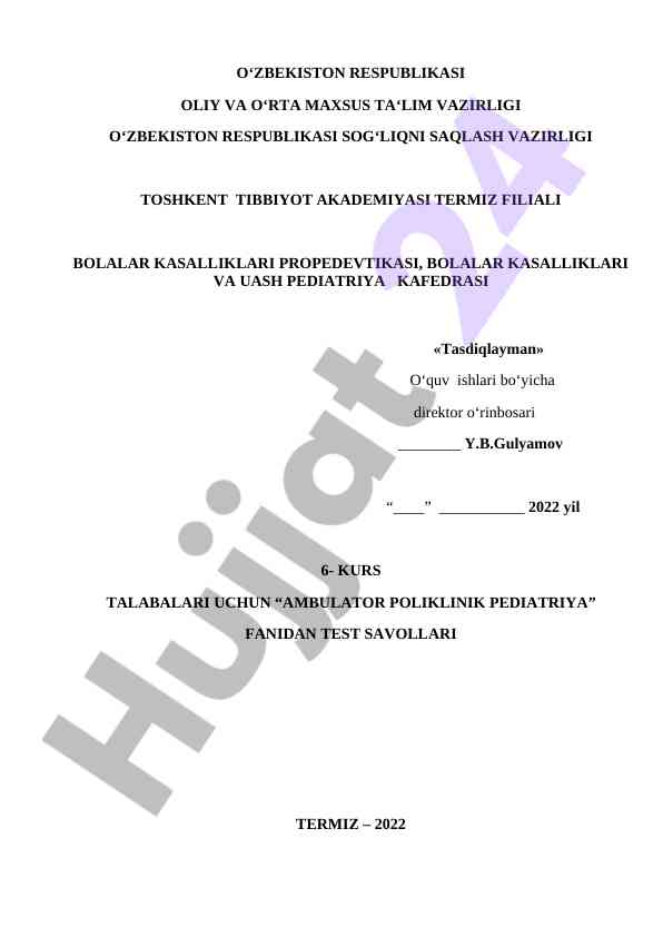 Ambulator poliklinik pediatriya fanidan test savollari