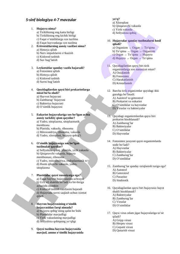 5-sinf biologiya mavzulari va savollari