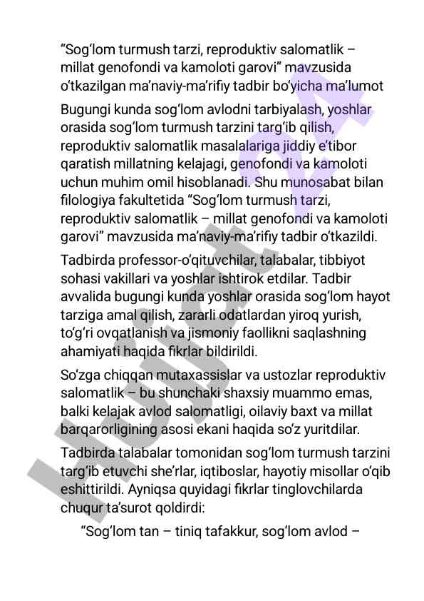 Sog‘lom turmush tarzi va reproduktiv salomatlik tadbiri