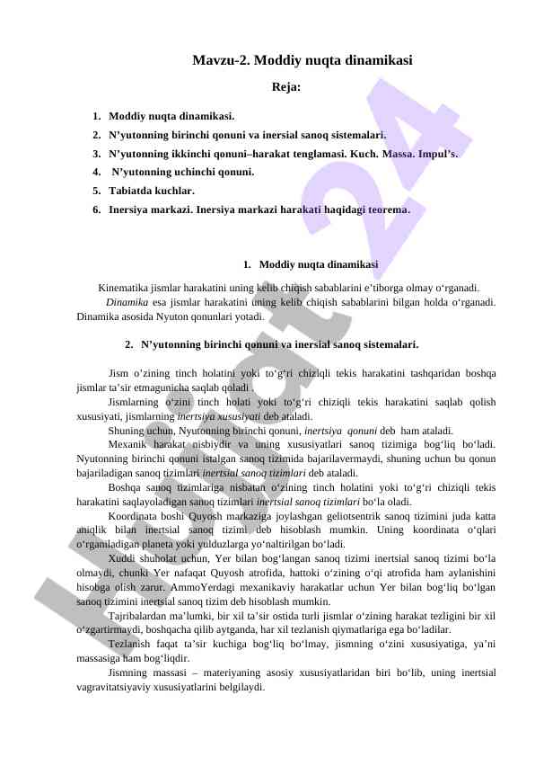 Moddiy nuqta dinamikasi va n'yuton qonunlari