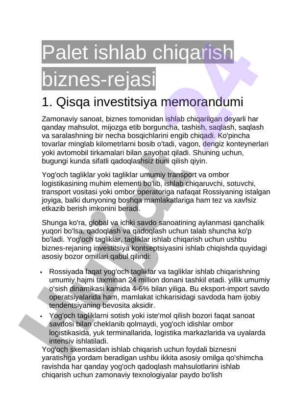 Palet ishlab chiqarish biznes-rejasi